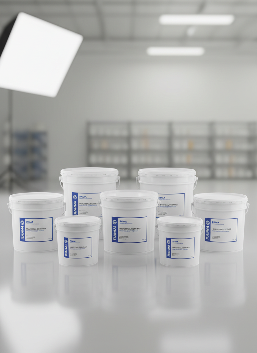 A collection of industrial-grade paint pails in various standard sizes, made of clean white HDPE plastic with smooth, slightly matte surfaces and reinforced rims, arranged neatly on a reflective light gray floor. Each pail features a crisp, minimal label with the Rama Packaging Industry logo and clear product information, emphasizing reliability and organization. Soft studio lighting from above and slightly to the side creates subtle highlights along the curved sides and gentle shadows beneath each pail. The background is a softly blurred, neutral gradient suggesting a modern warehouse environment. Captured at eye level with sharp focus throughout, the composition is balanced and symmetrical, conveying a professional, trustworthy, and high-quality packaging brand in realistic photographic style.